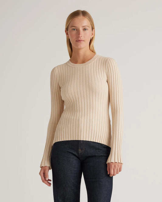 Cotton Cashmere Ribbed Long Sleeve Sweater - XS / Sugar Stone