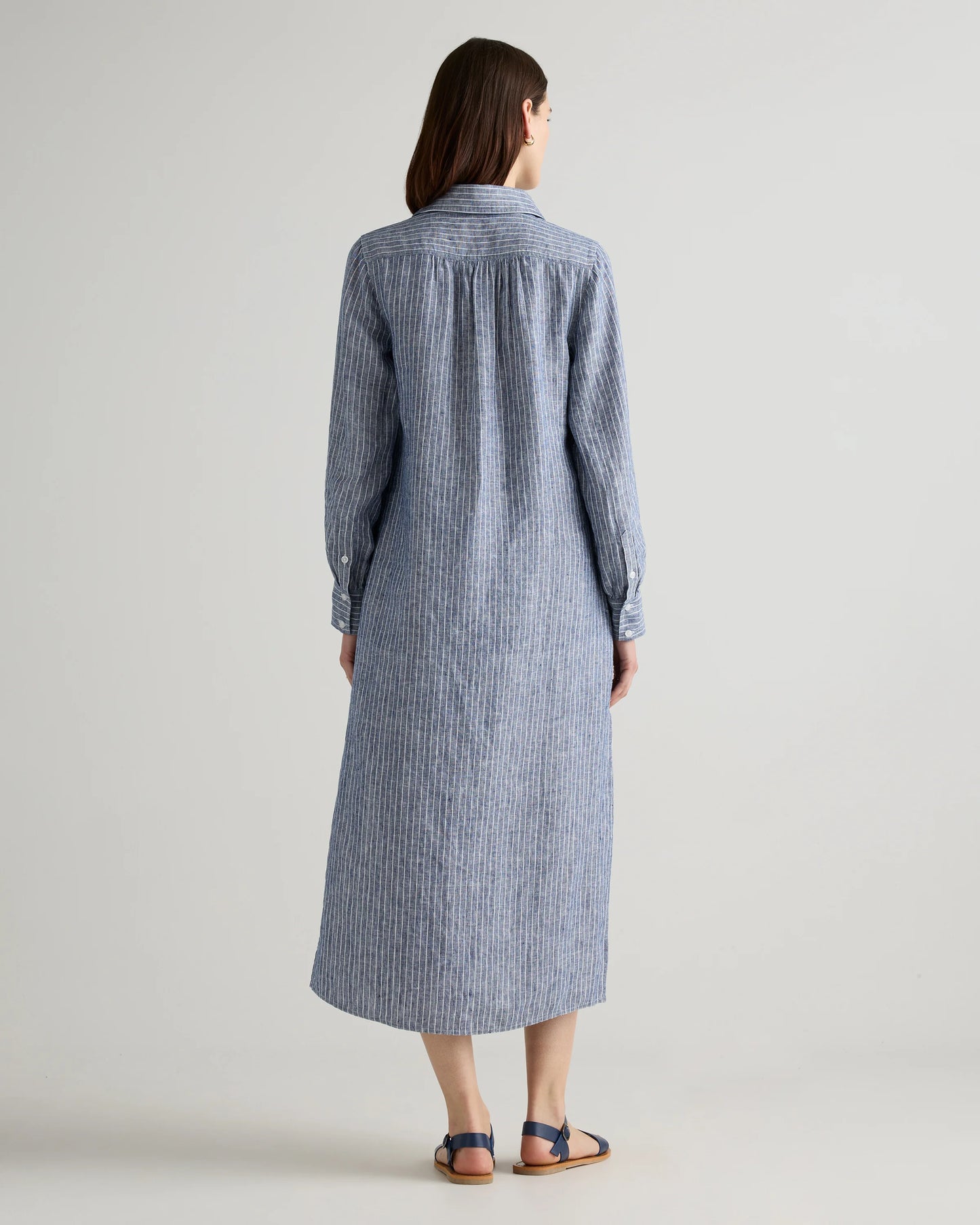 100% European Linen Popover Maxi Dress - XS / Blue Pinstripe