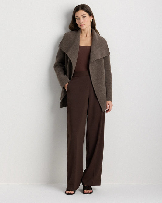 Double-Faced Merino Wool Draped Collar Short Wrap Coat - XS / Cocoa Melange