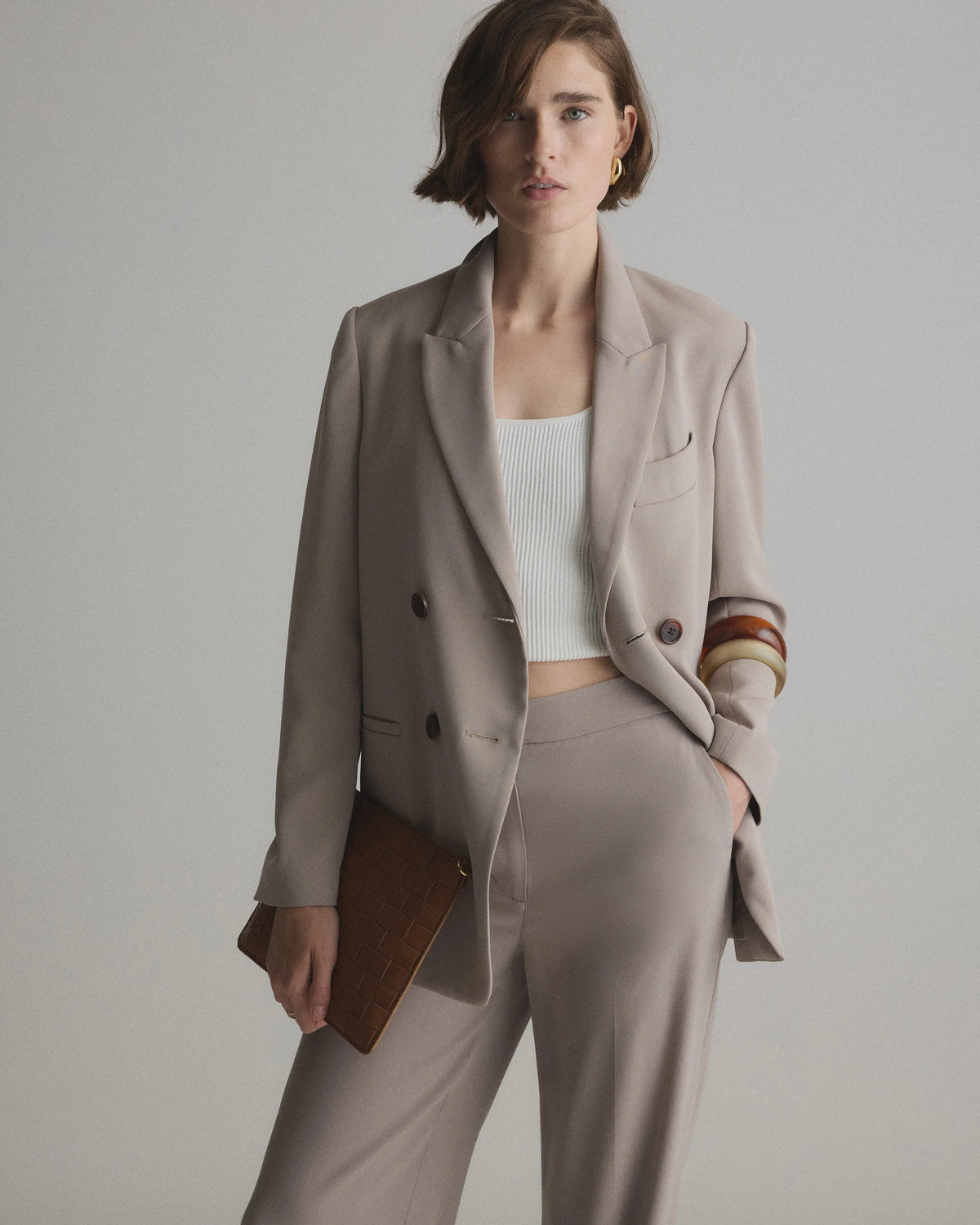 Stretch Crepe Relaxed Double-Breasted Blazer - XS / Sand