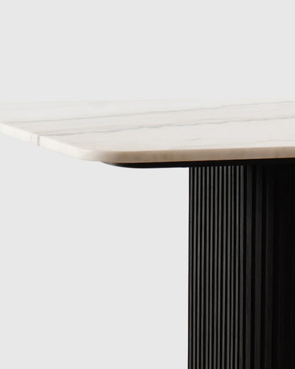 Fluted Wood and Genuine Marble Pedestal Dining Table - One Size / White/Black