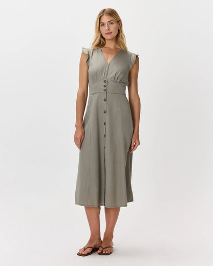 Vintage Wash Tencel Button Front Midi Dress - XS / Olive