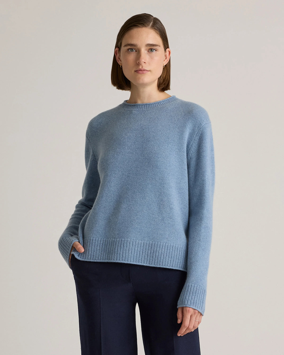 Mongolian Cashmere Boxy Crewneck Sweater - XS / Faded Denim/Brown/Ivory Variegated Stripe
