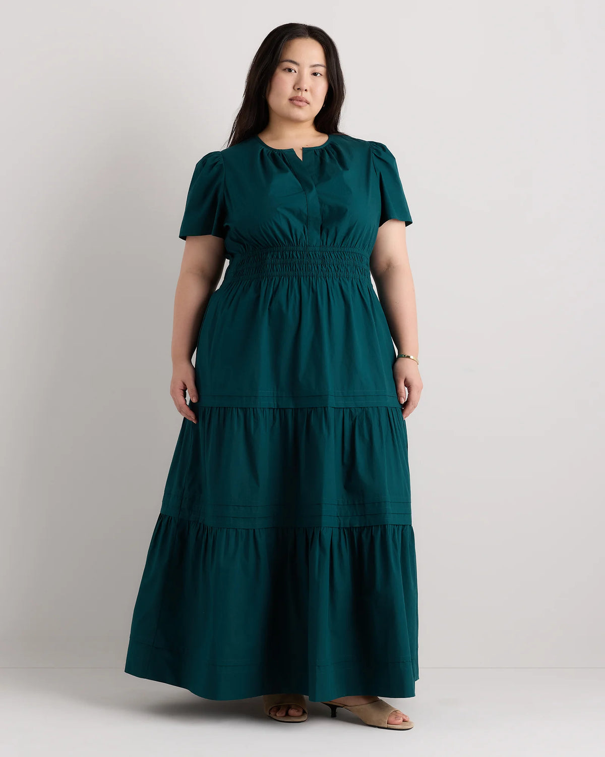 100% Organic Cotton Poplin Tiered Maxi Dress - 1X / Ocean Green