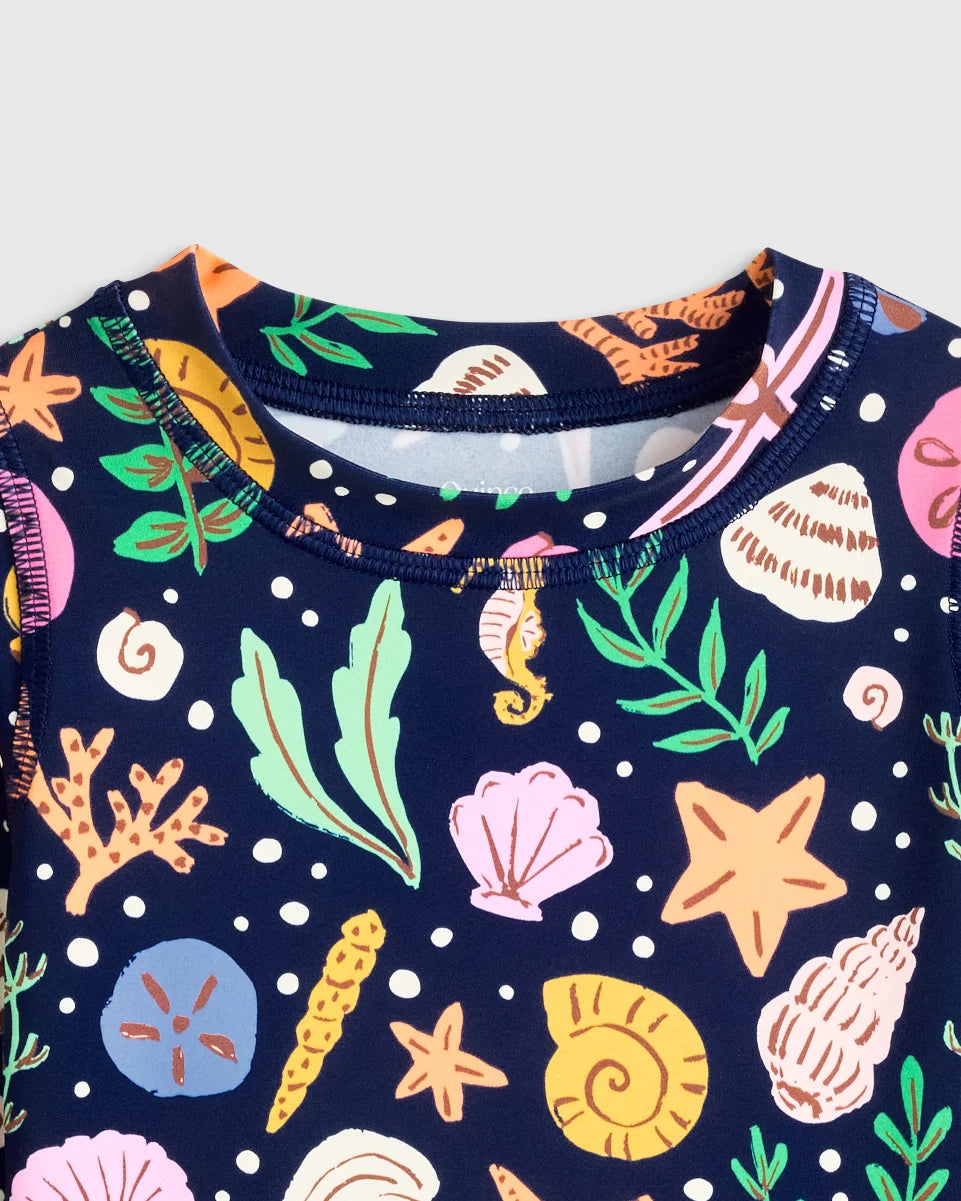 Long Sleeve Ruffle Rash Guard Two-Piece Swimsuit - 2T / Poolside Floral