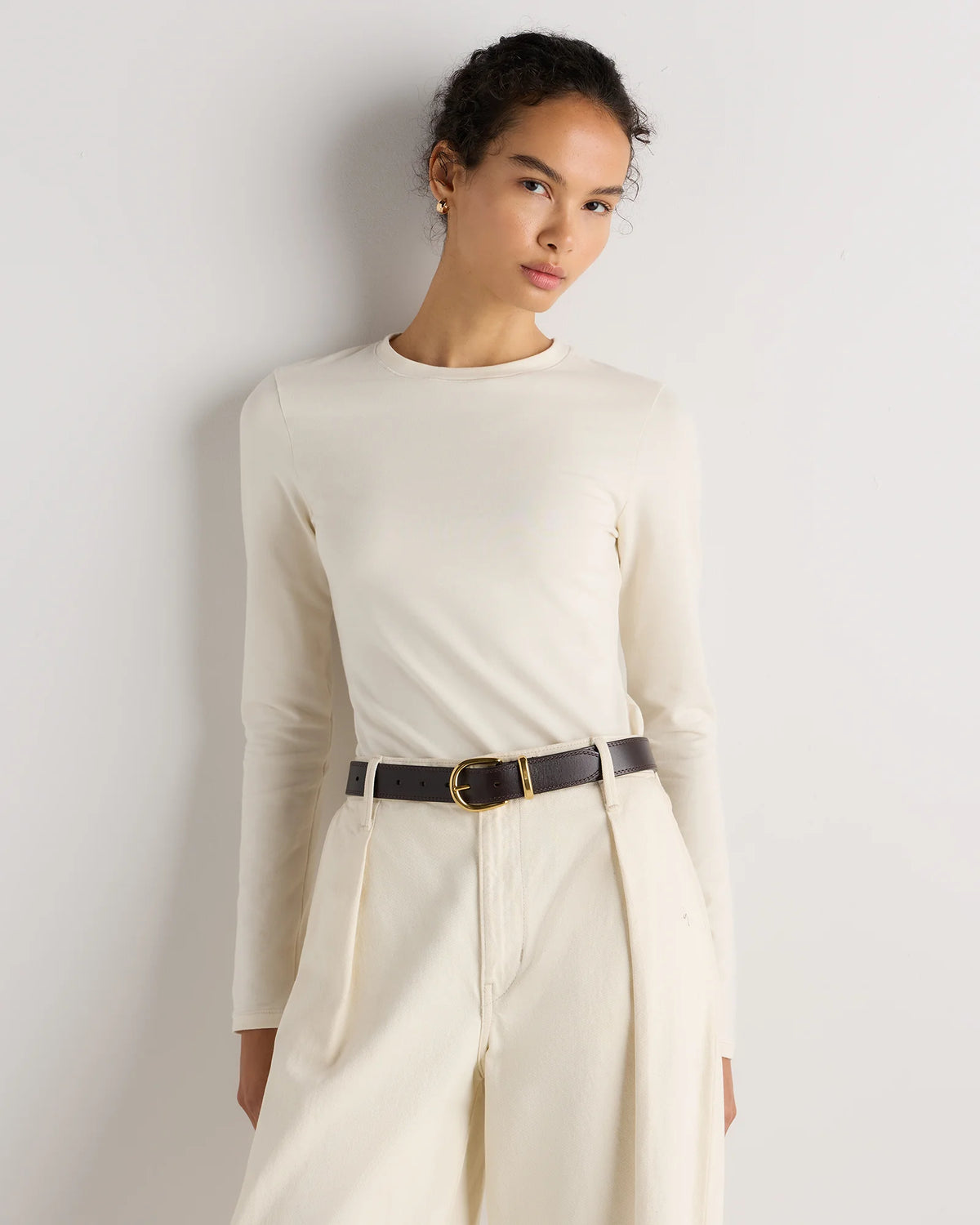 Stretch Cotton Jersey Fitted Long Sleeve T-Shirt - XS / Linen White