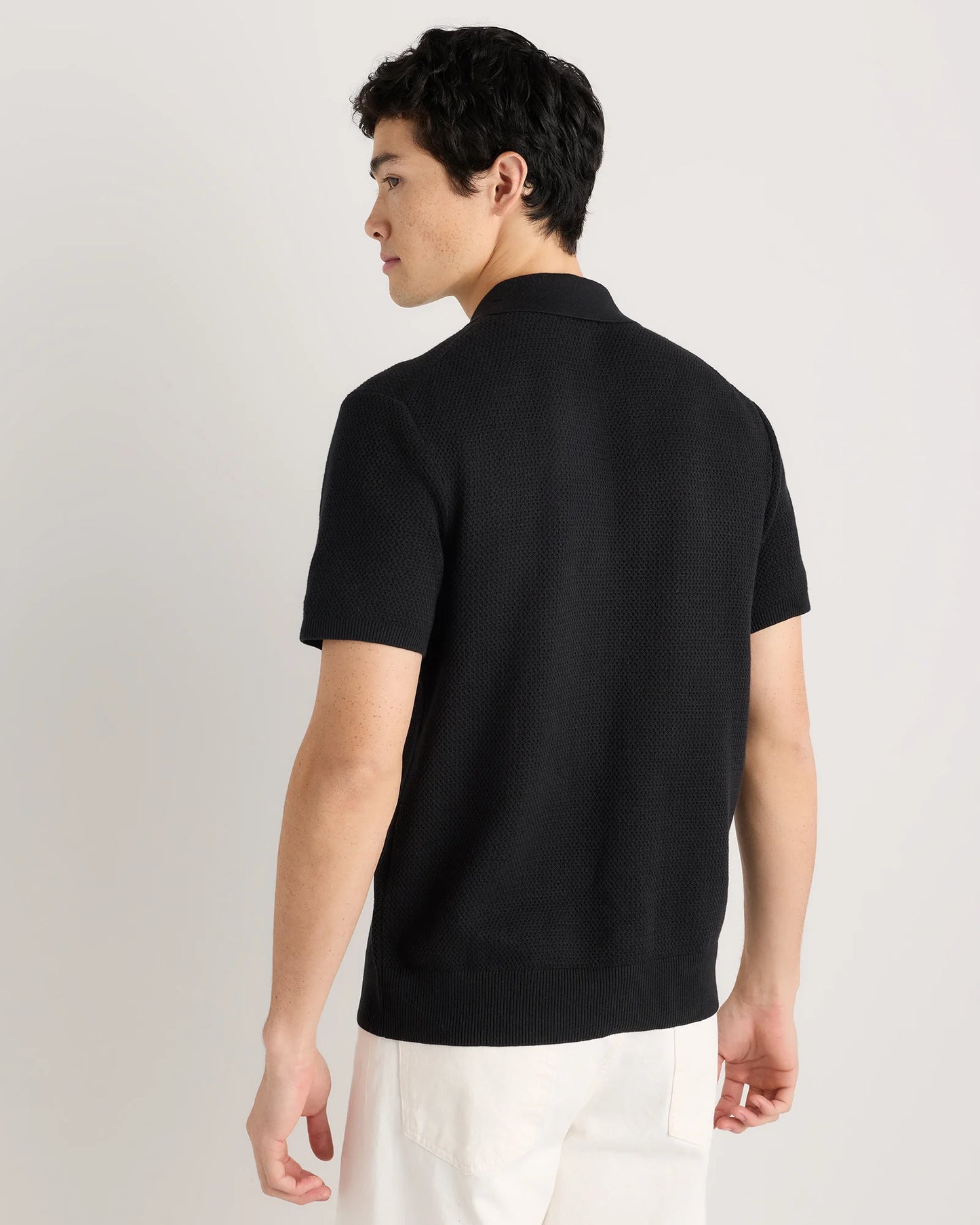 100% Organic Cotton Mesh-Stitch Button-Up Sweater Polo - XS / Speckled Beige