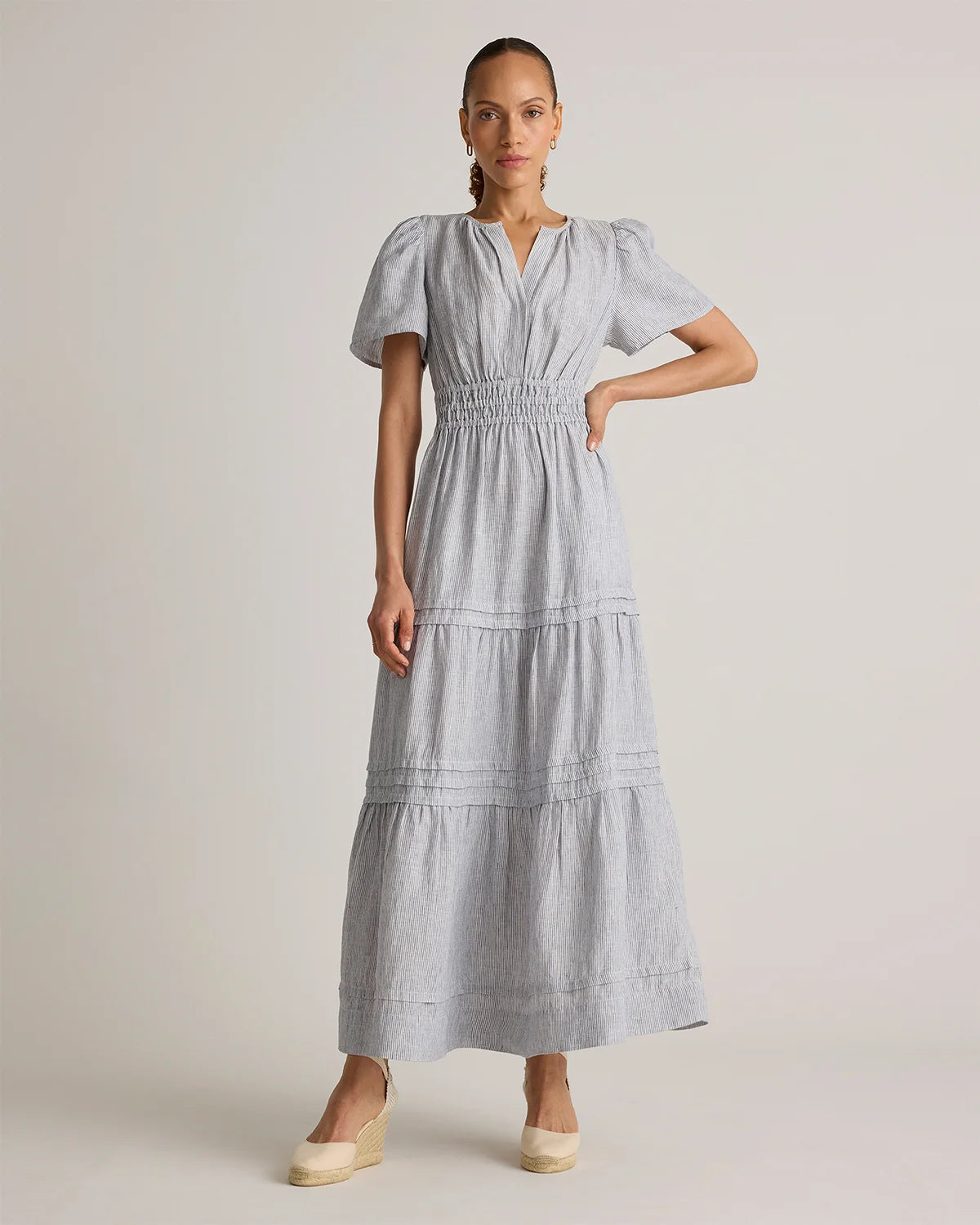 100% European Linen Tiered Maxi Dress - XS / Deep Navy