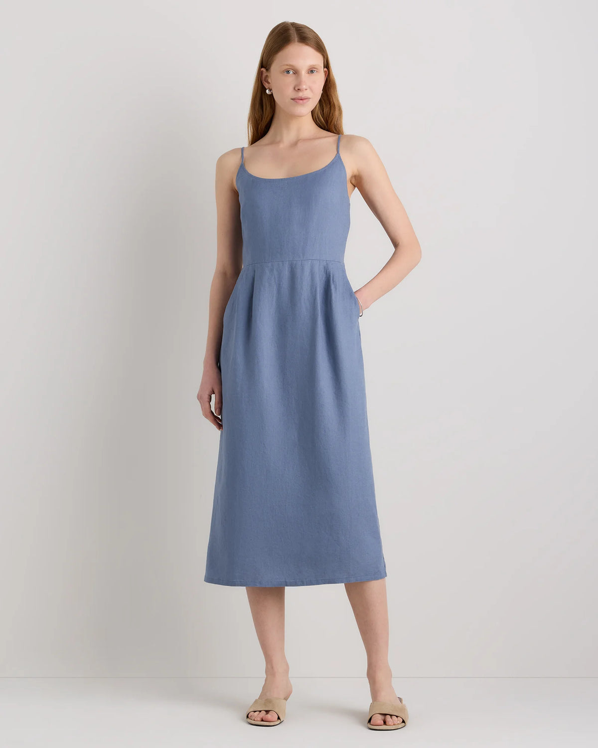 100% European Linen Scoop Neck Midi Dress - XS / Ivory Porcelain Blue Petite Floral