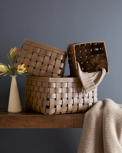 Recycled Woven Leather Baskets (set of 3) - One Size / Cognac