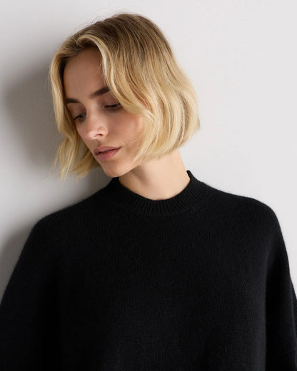 100% Mongolian Cashmere Slouchy Blouson Sleeve Crewneck - XS / Black