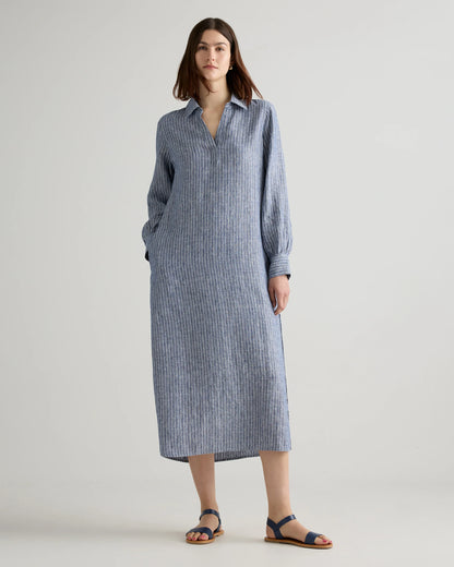 100% European Linen Popover Maxi Dress - XS / Blue Pinstripe
