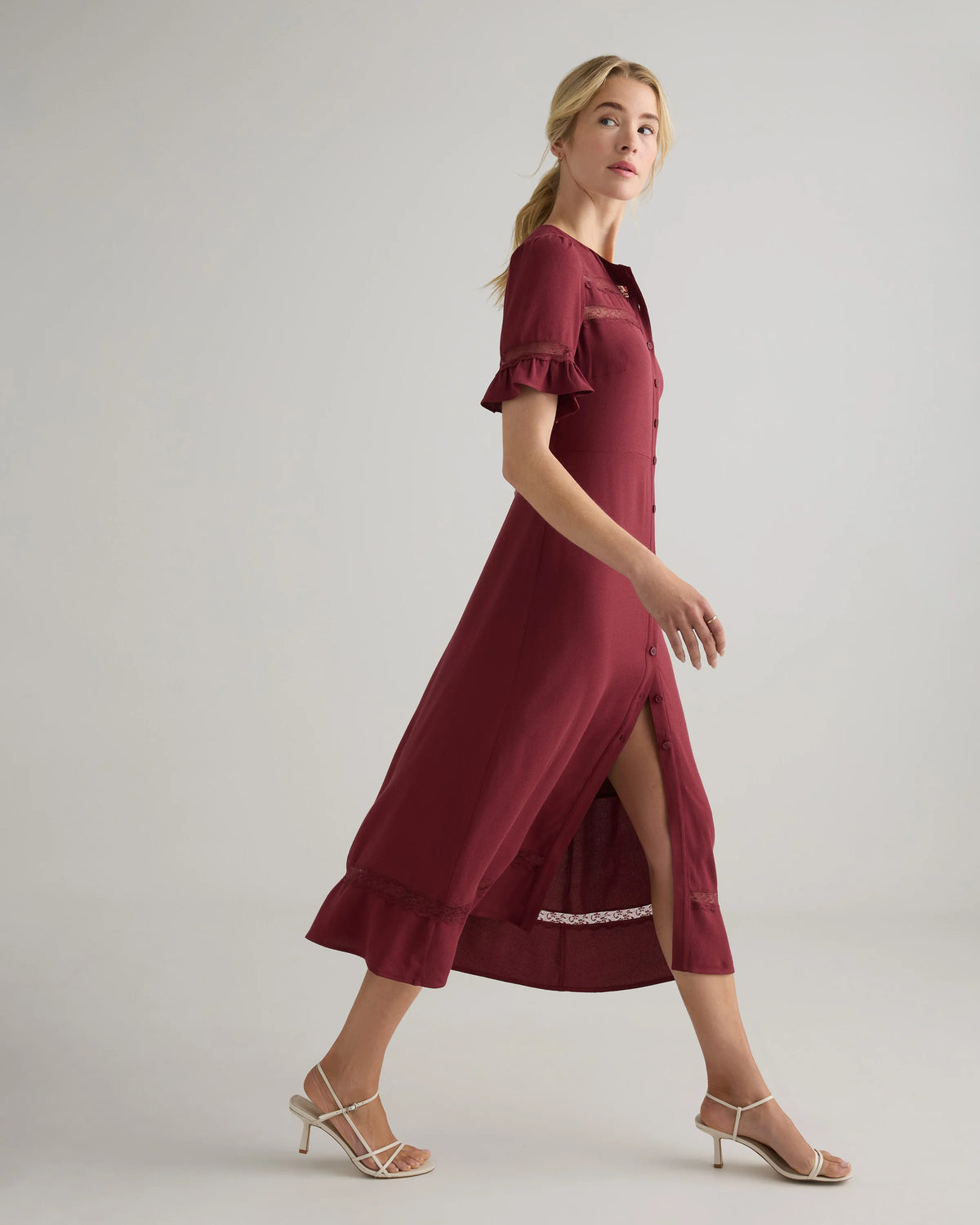 Lightweight Crepe Lace Inset Midi Dress - XS / Moonstone Blue