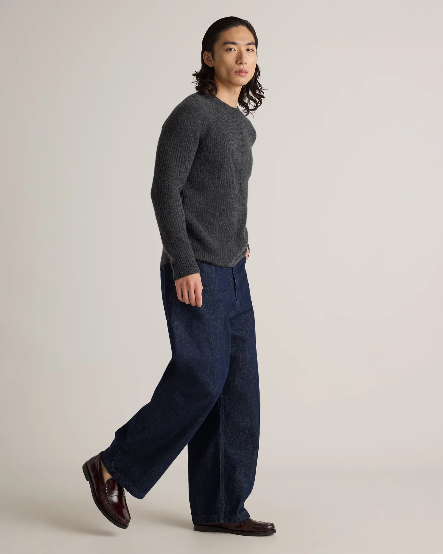 Mongolian Cashmere Fisherman Crewneck Sweater - S / Navy Marl