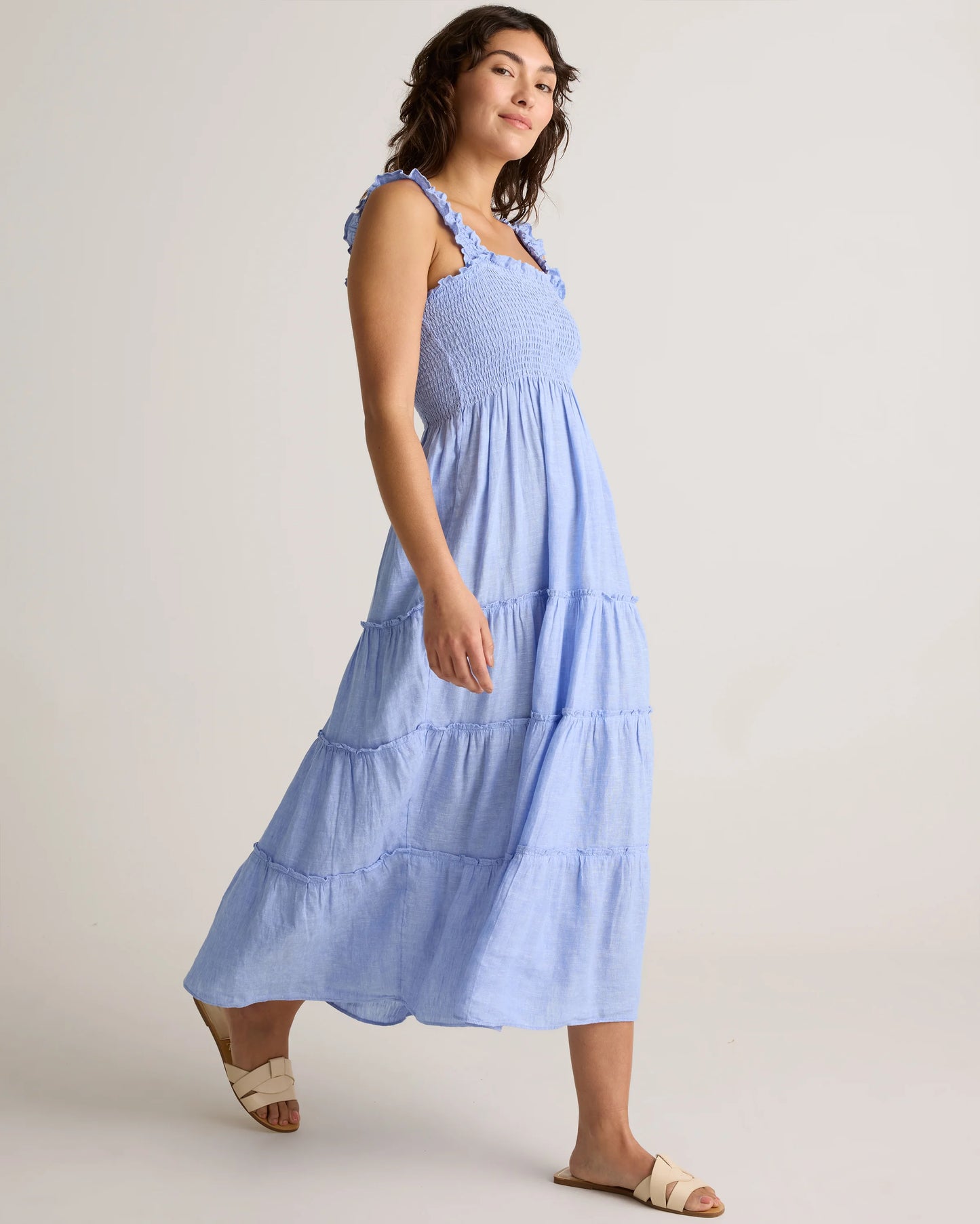 100% European Linen Smocked Midi Dress - XS / Ivory Porcelain Blue Petite Floral
