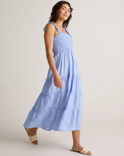 100% European Linen Smocked Midi Dress - XS / Ivory Porcelain Blue Petite Floral