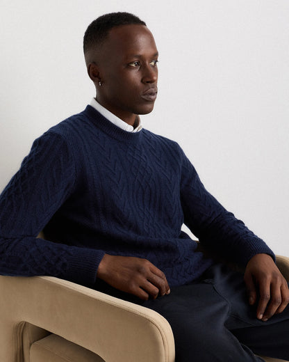 Mongolian Cashmere Cable Crewneck Sweater - S / True Navy