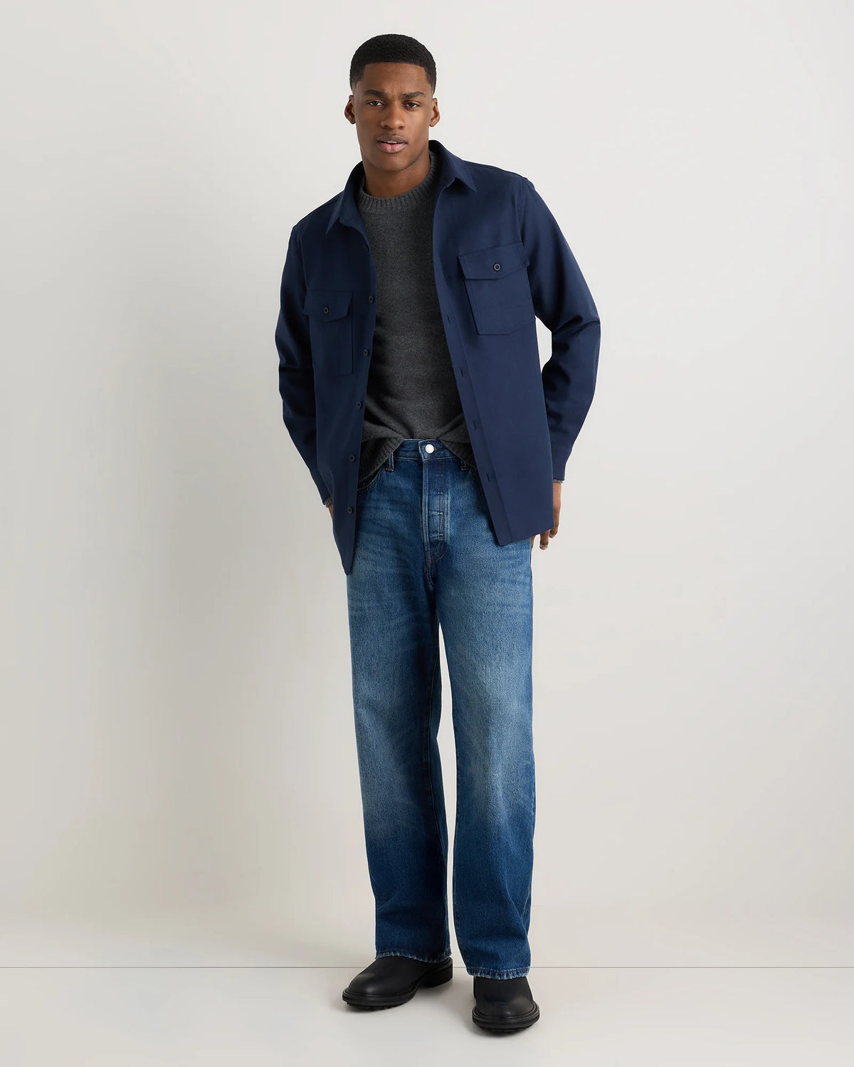 Brushed Cotton Wool Utility Overshirt - S / True Black
