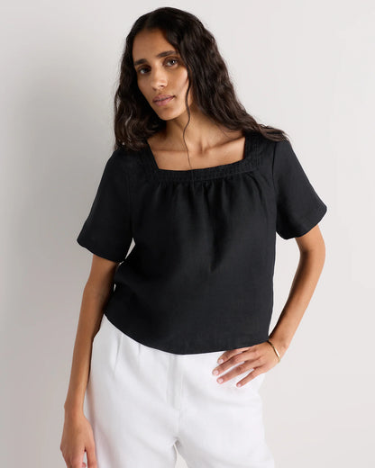 100% European Linen Square Neck Swing Top - XS / Black