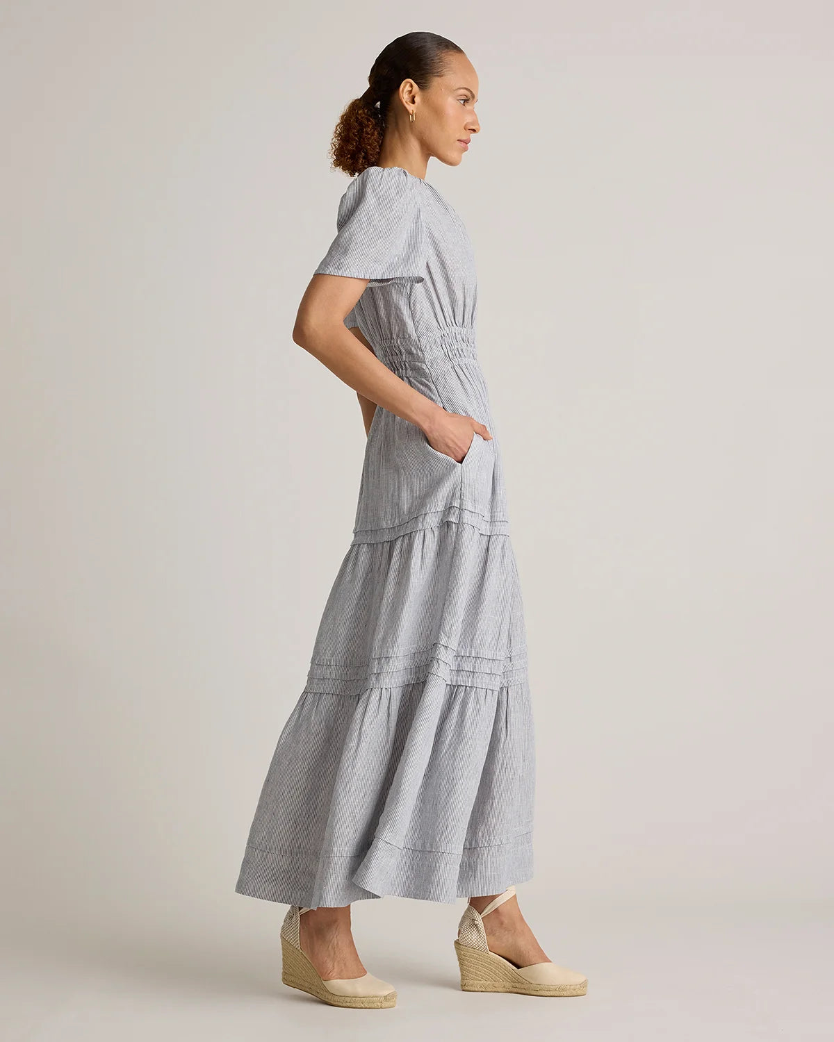 100% European Linen Tiered Maxi Dress - XS / Ivory Porcelain Blue Petite Floral