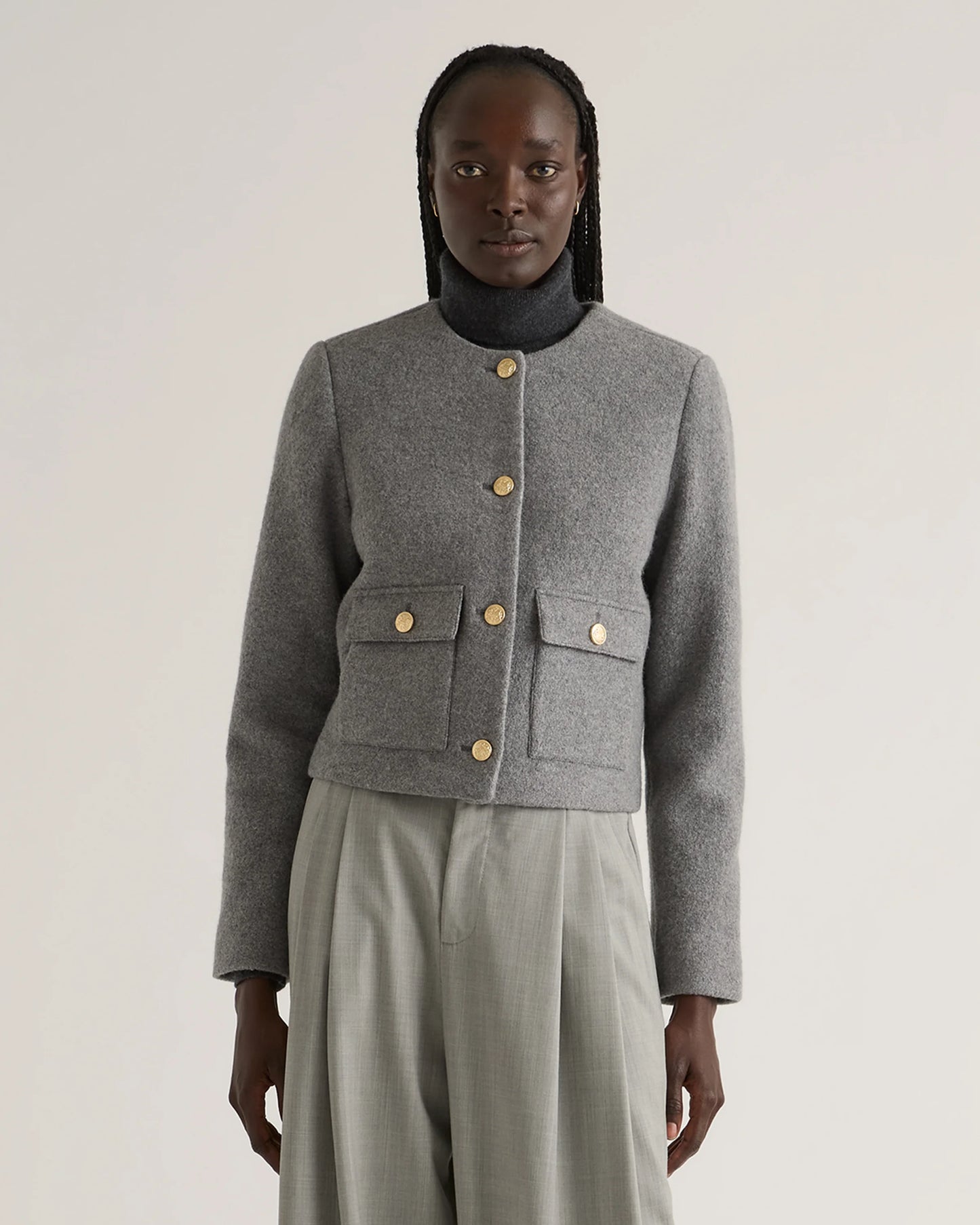 100% Merino Wool Collarless Cropped Jacket - XS / Heather Bone