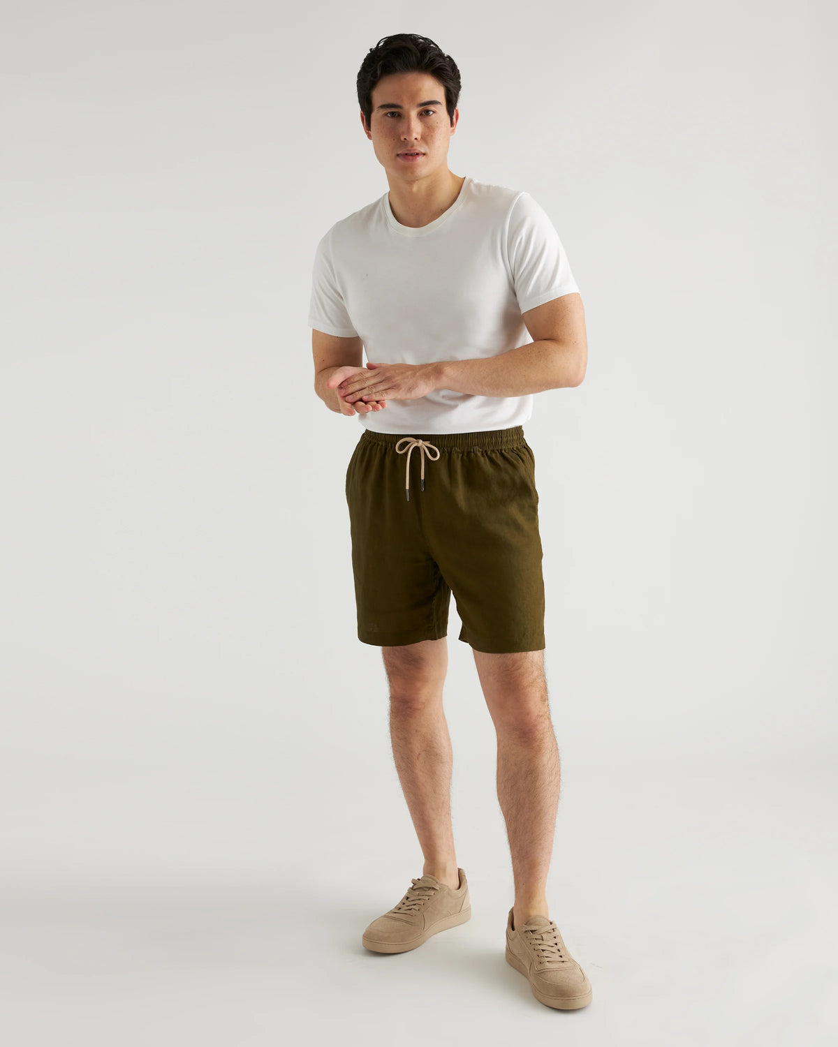 100% European Linen Drawstring Beach Shorts - 7" - XS / Taupe Brown Chambray