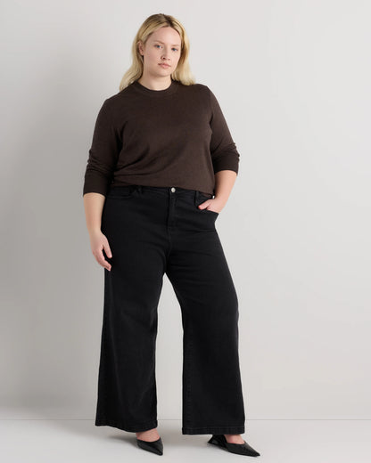 Lightweight Cotton Cashmere Crew Sweater - 1X / Black