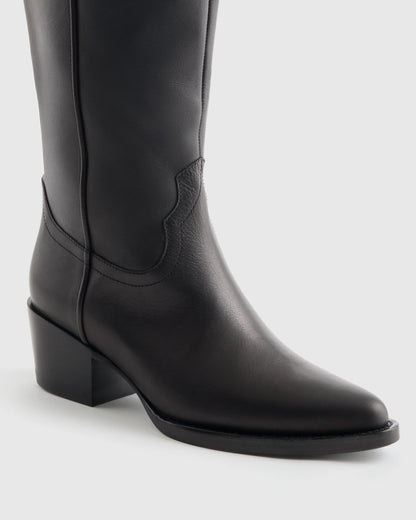 Italian Leather Tall Western Boots - 5 / Black