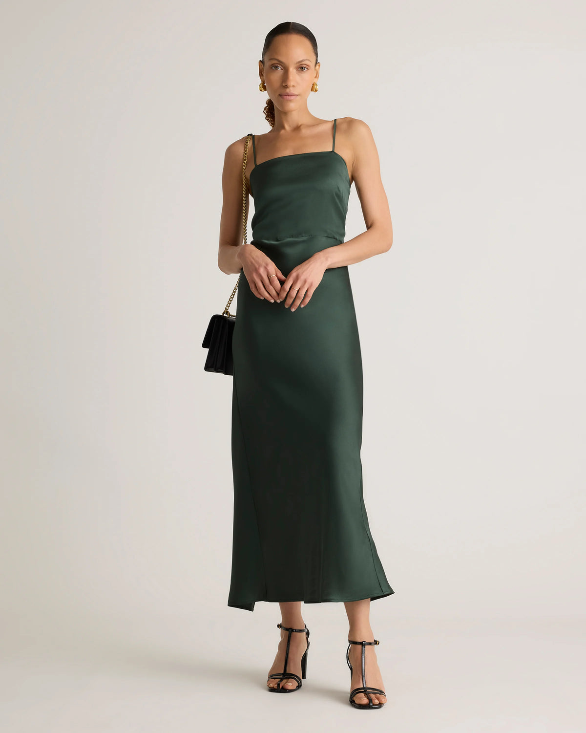 100% Washable Silk Square Neck Maxi Dress - XS / Forest Green