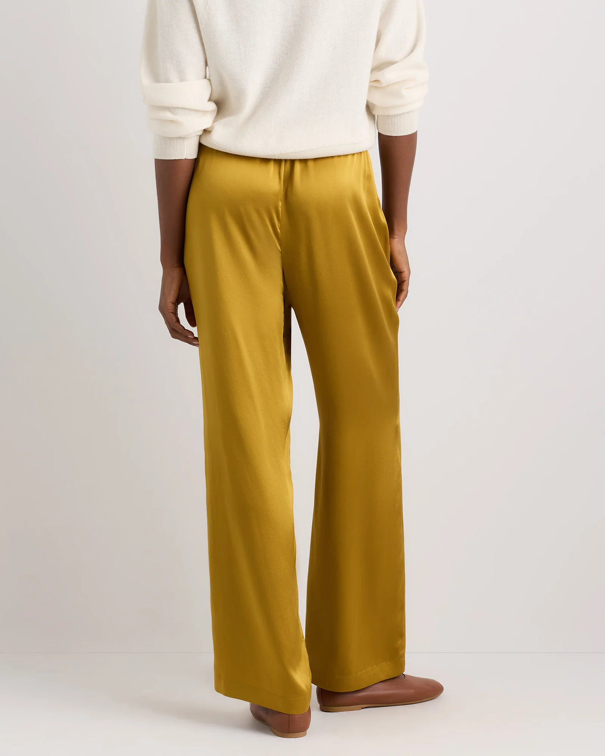 100% Washable Silk Drawstring Wide Leg Pants - XS / Champagne