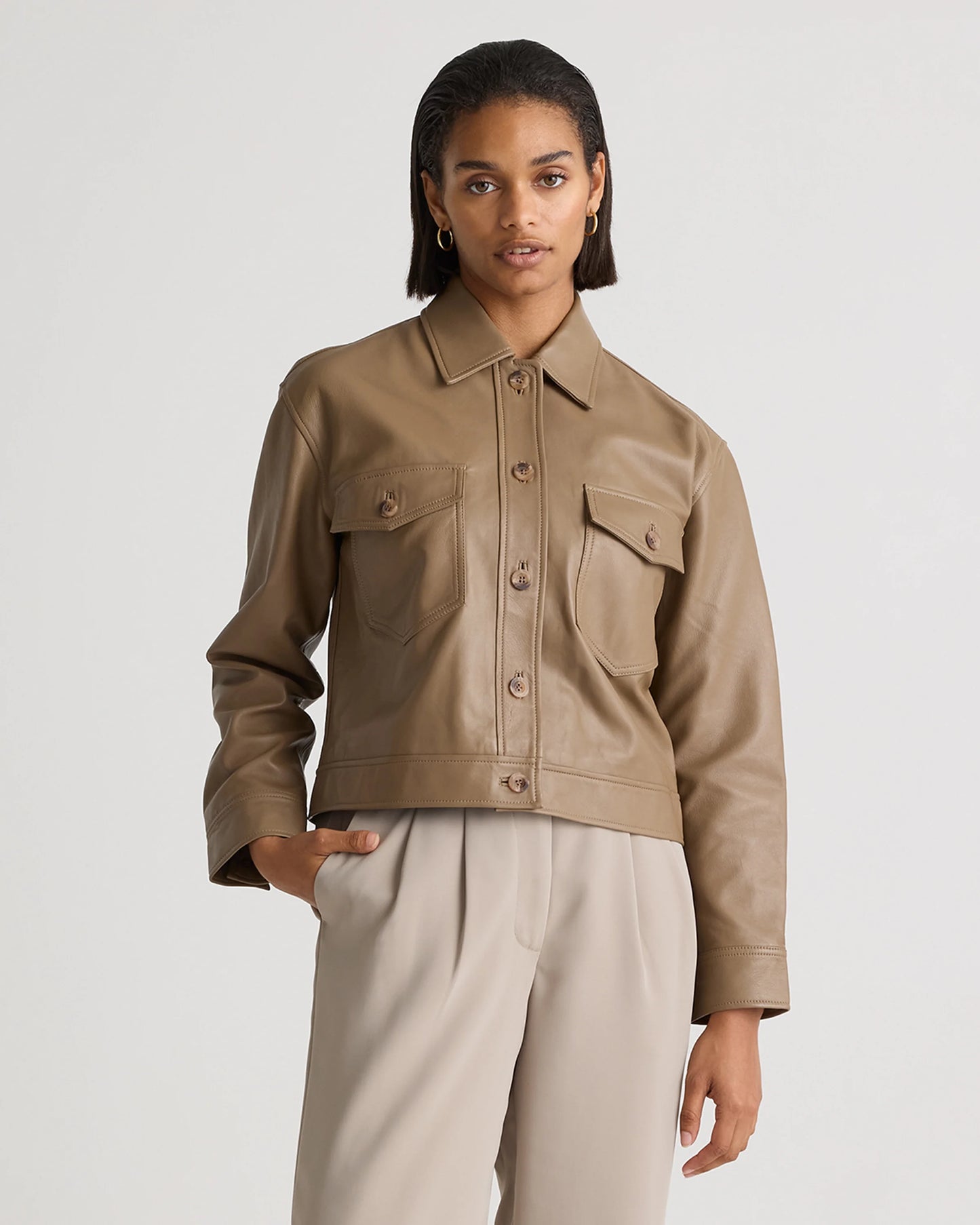 100% Leather Cropped Jacket - XS / Rich Brown