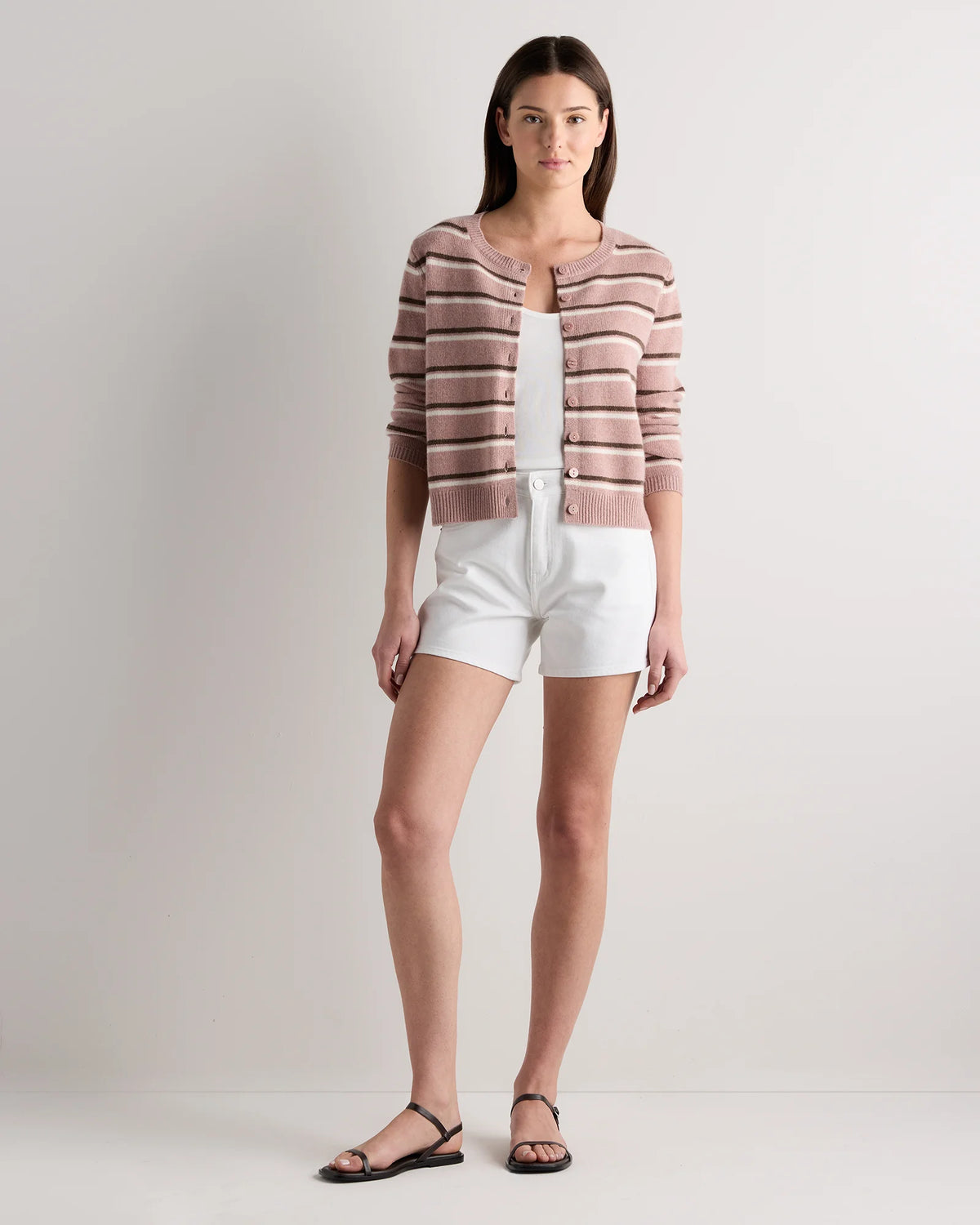 Mongolian Cashmere Cropped Crew Cardigan - XS / Heather Vintage Pink / Brown Variegated Stripe