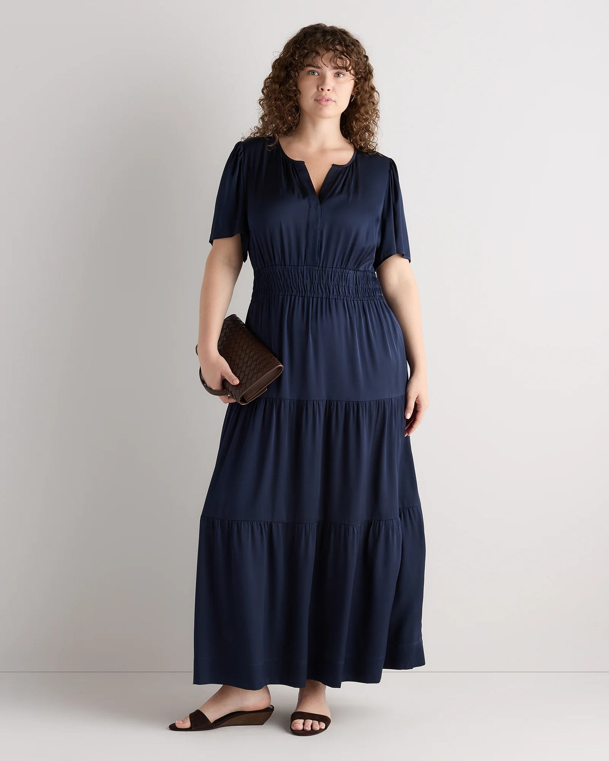 Washable Stretch Silk Tiered Maxi Dress - 1X / Navy
