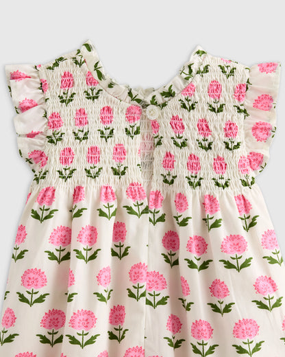 100% Organic Cotton Poplin Smocked Flutter Sleeve Dress - 3-6M / Blue Ditsy Floral