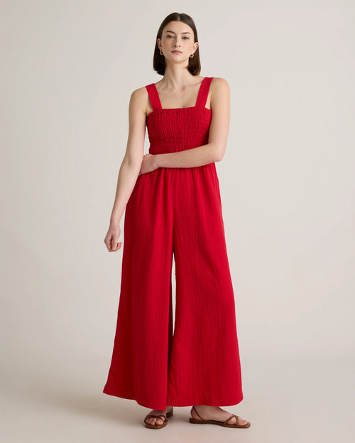 100% Organic Cotton Gauze Smocked Wide Leg Jumpsuit - XS / Wild Cherry