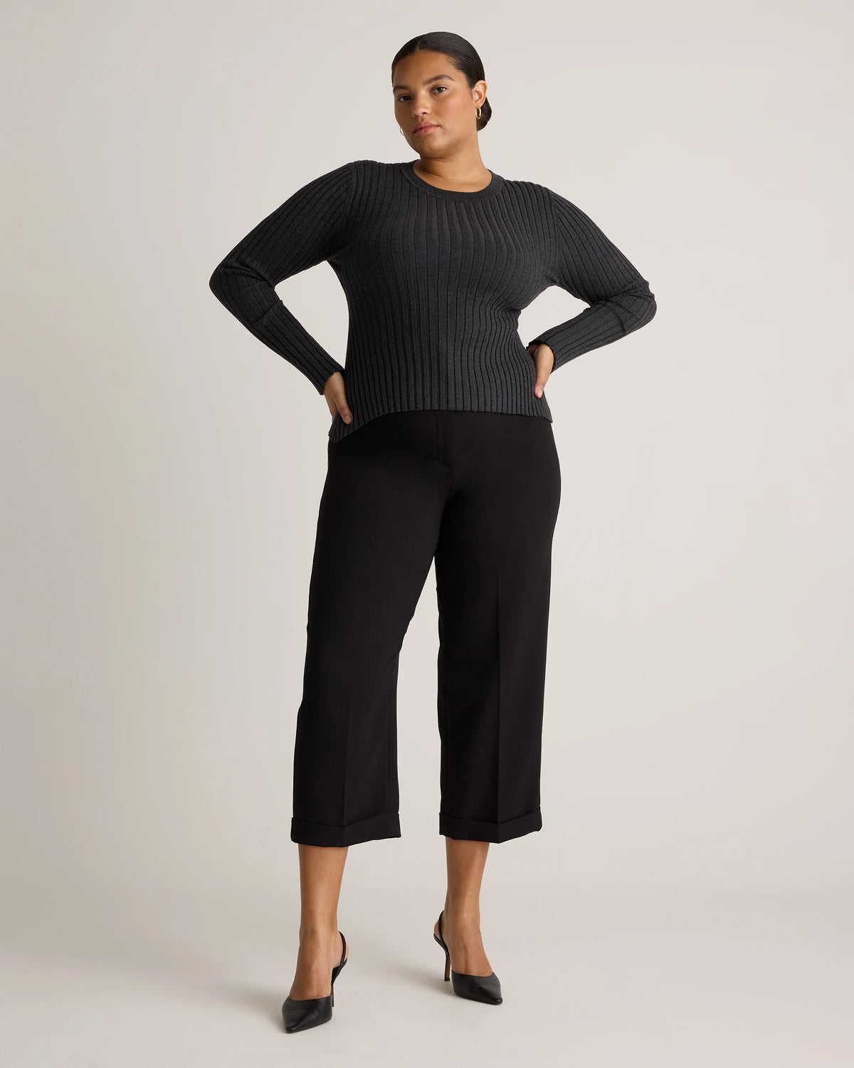 Cotton Cashmere Ribbed Long Sleeve Sweater - XS / Sugar Stone