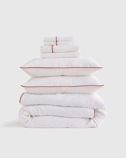 European Linen Piped Deluxe Bedding Bundle - Twin / White/Cherry