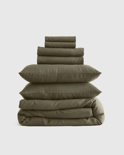 European Linen Deluxe Bedding Bundle - Twin / Willowleaf/White Stripe