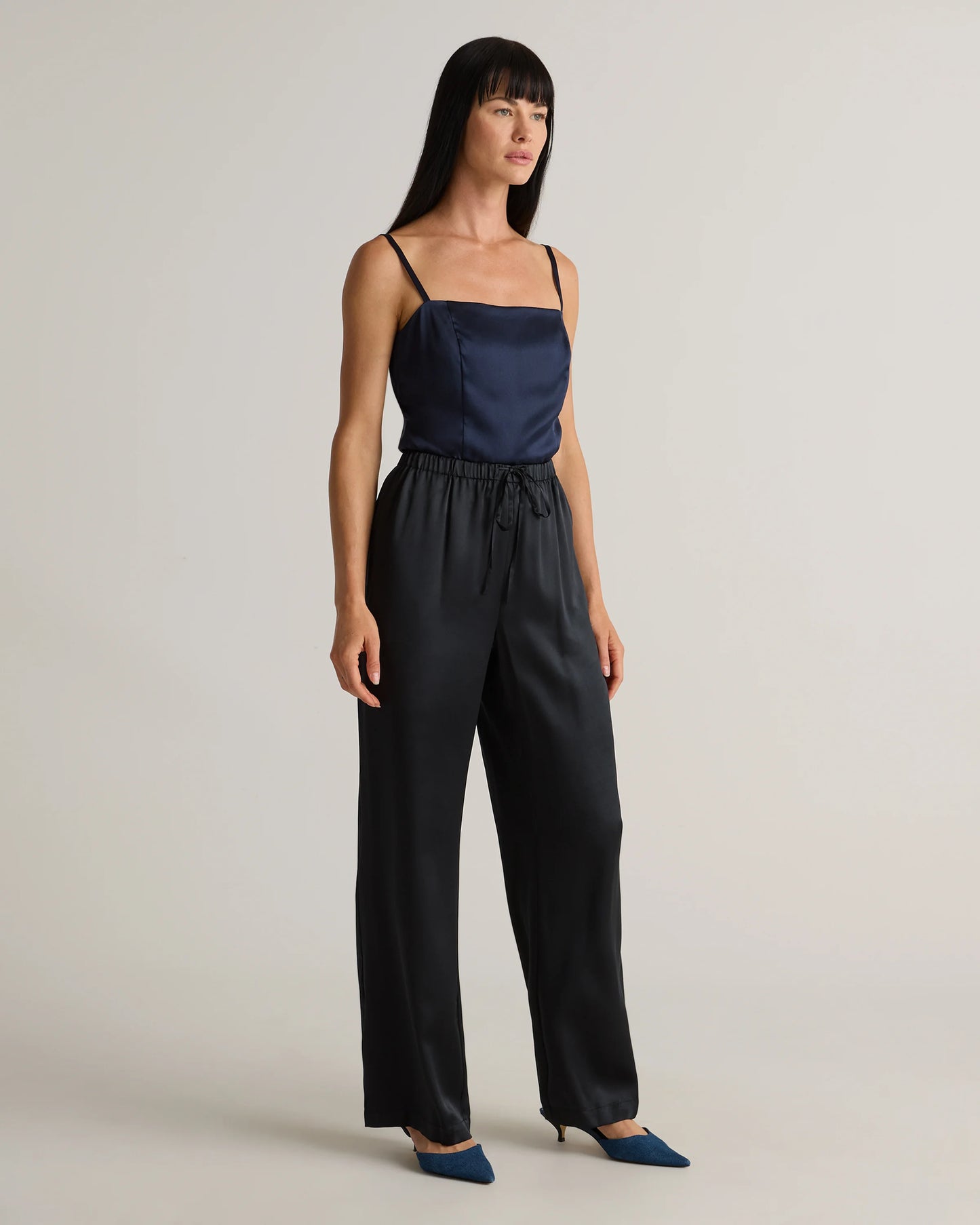 100% Washable Silk Drawstring Wide Leg Pants - XS / Champagne