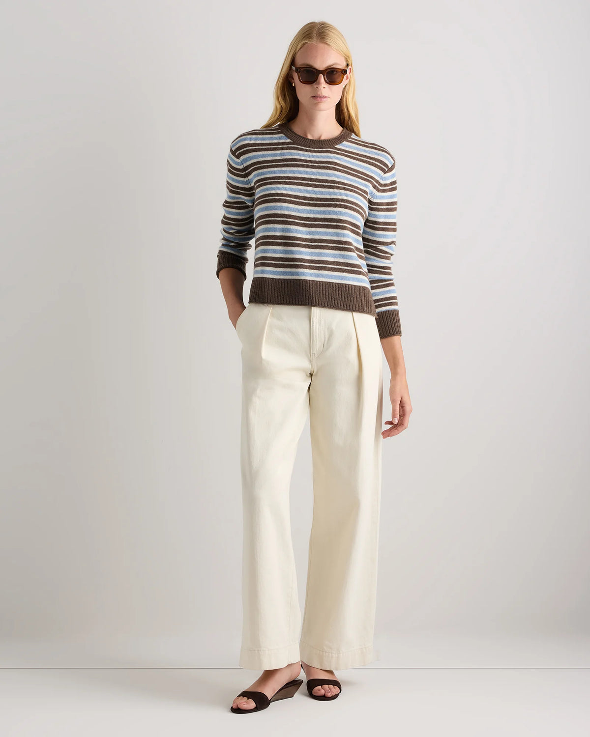 Mongolian Cashmere Boxy Crewneck Sweater - XS / Faded Denim/Brown/Ivory Variegated Stripe