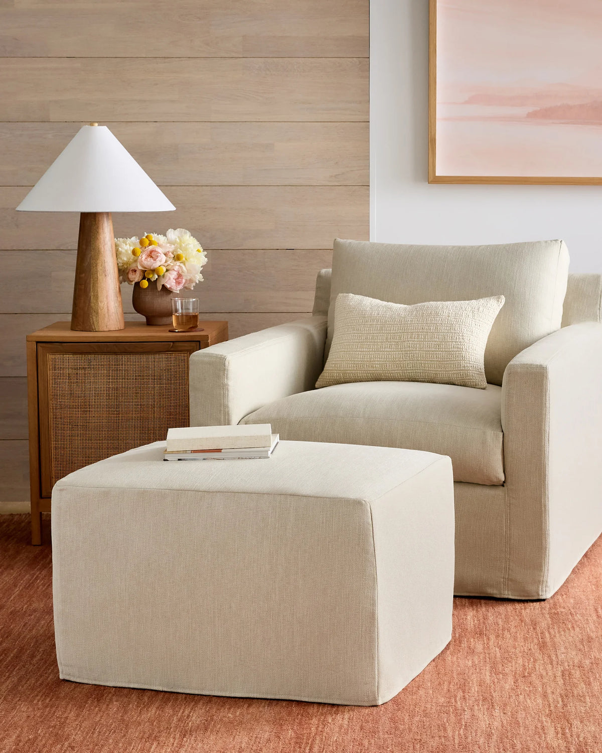 Ellery Slipcover Ottoman in Performance Linen - One Size / Sand