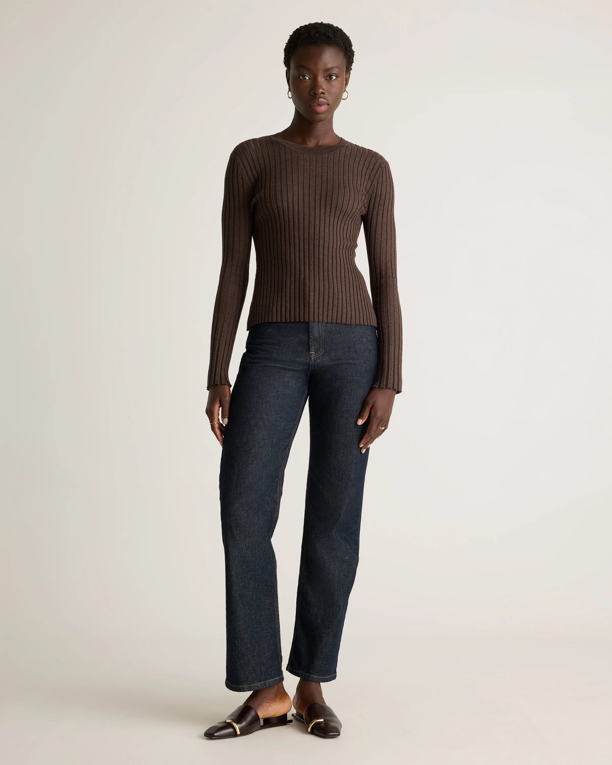 Cotton Cashmere Ribbed Long Sleeve Sweater - XS / Sugar Stone
