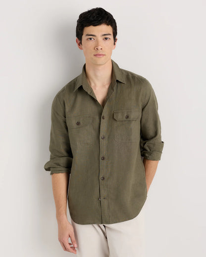 100% European Linen Utility Shirt - S / Taupe Brown Chambray