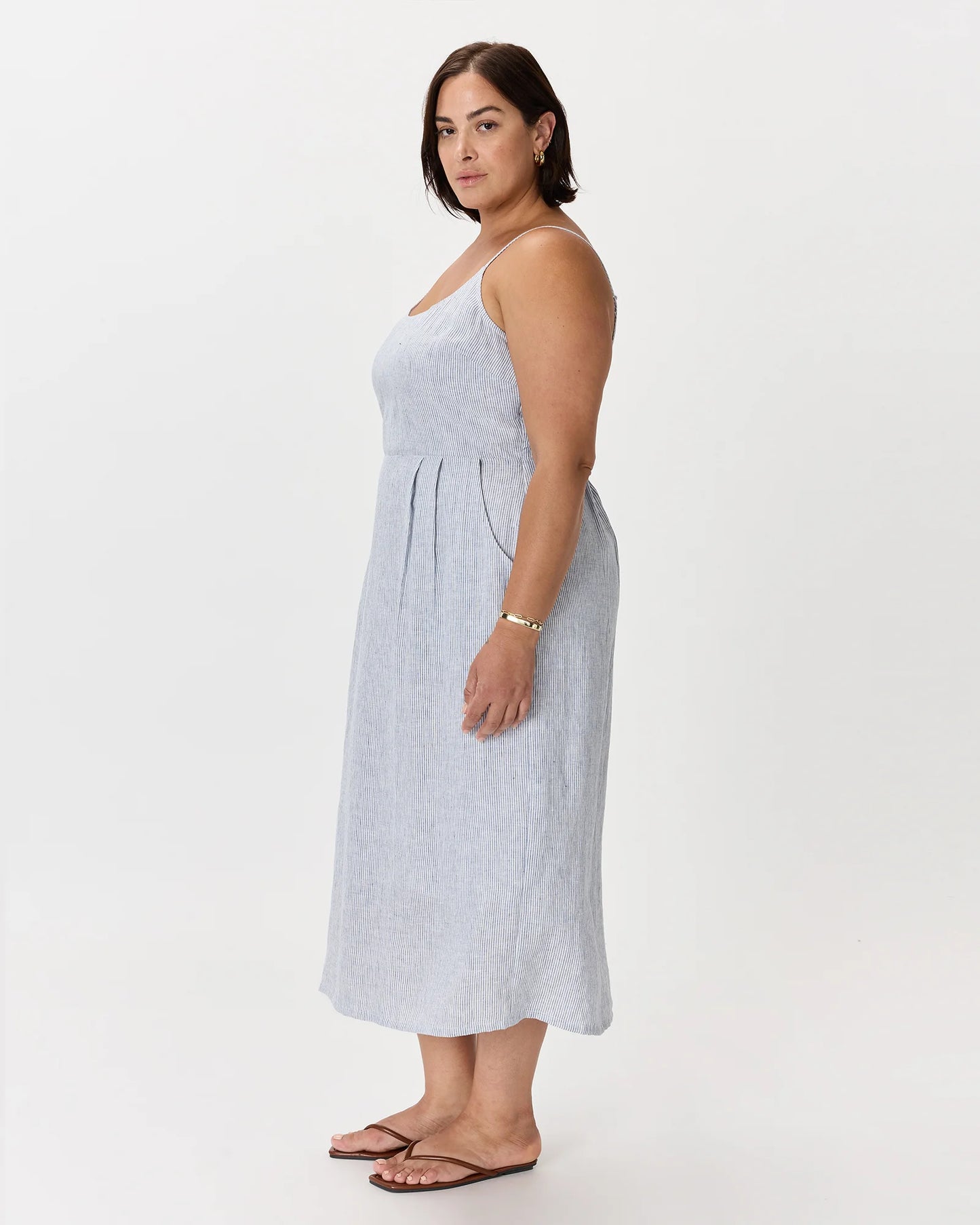 100% European Linen Scoop Neck Midi Dress - 1X / Deep Navy