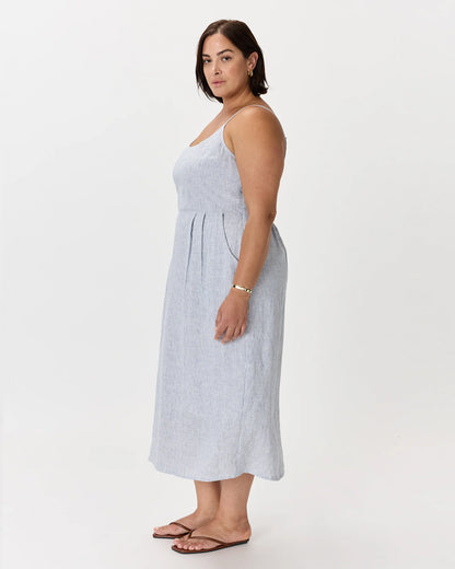 100% European Linen Scoop Neck Midi Dress - 1X / Deep Navy