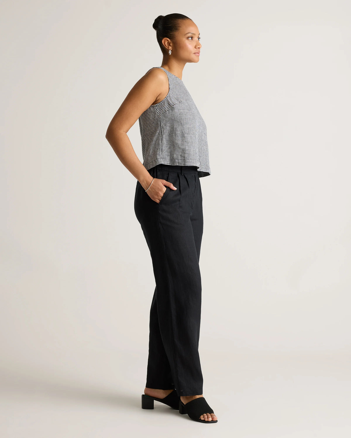100% European Linen Cropped Tank - XS / Taupe Brown Gingham