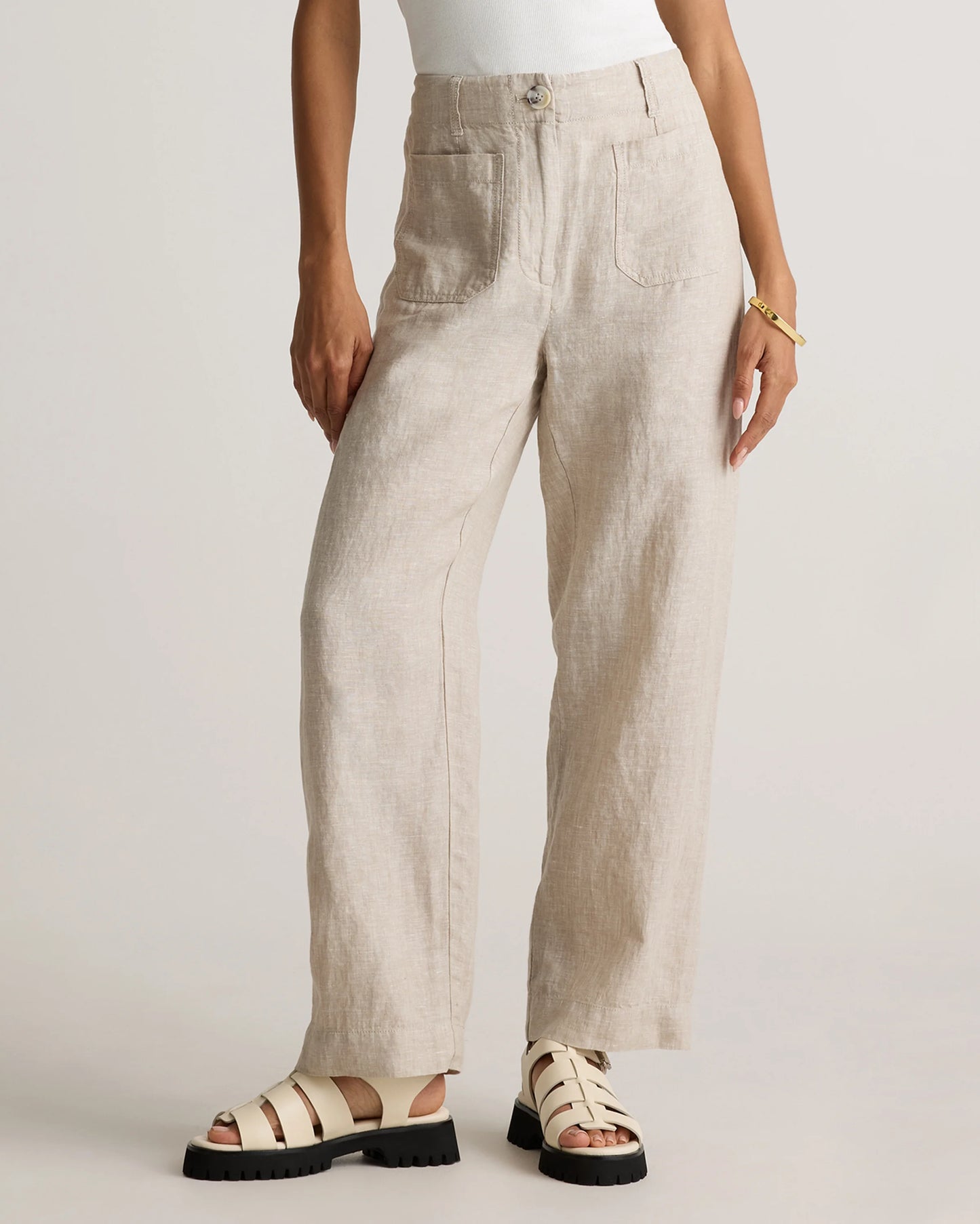100% European Linen Patch Pocket Wide Leg Pants - 0 / Taupe Brown Chambray