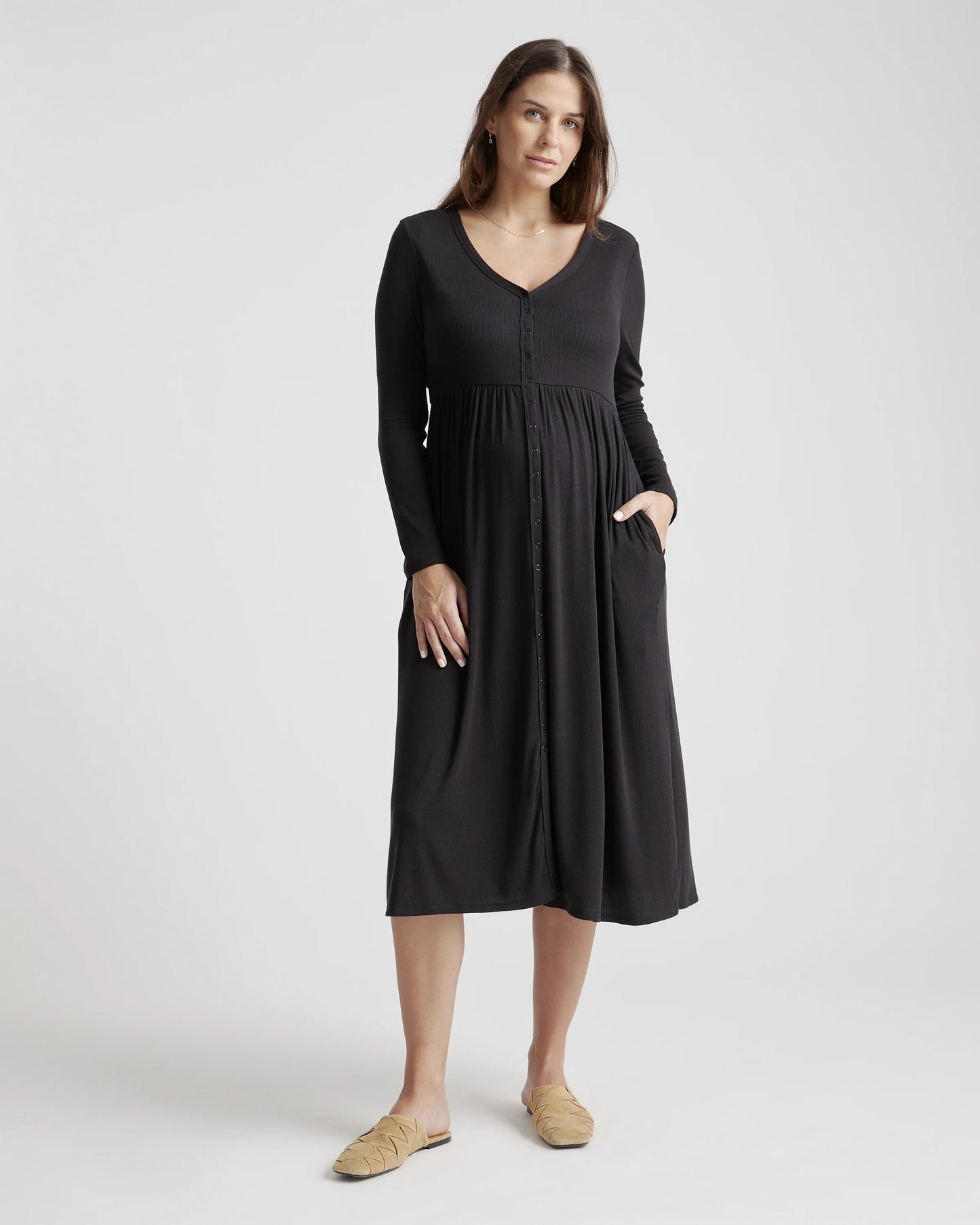 Tencel Rib Maternity & Nursing Button Front Dress - XS / Black