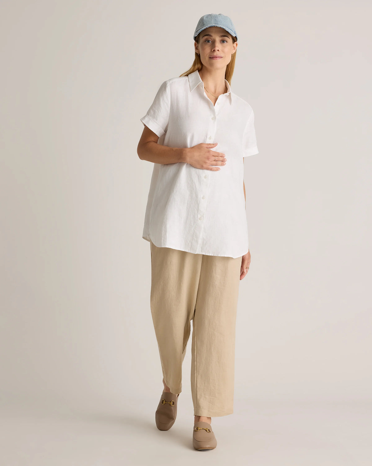100% European Linen Maternity Camp Shirt - XS / Blue Pinstripe