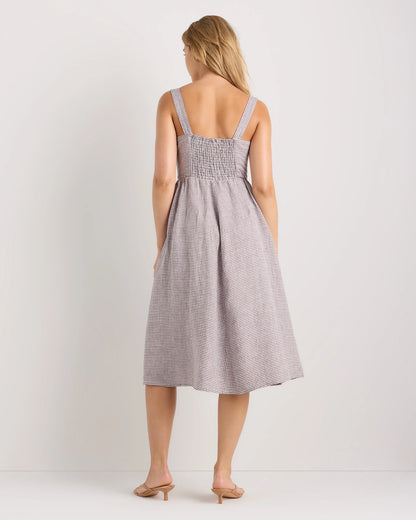 100% European Linen Fit & Flare Midi Dress - XS / Brick Red Heirloom Floral